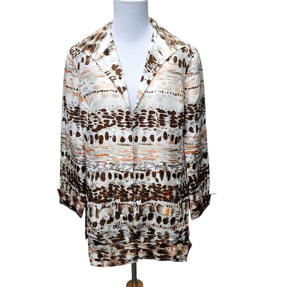 Chico's Sz 1 Brown Orange White Silk Jacket Geometric Hidden Closure Chicos M 8 - Picture 1 of 16